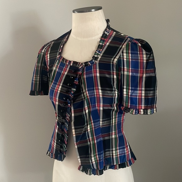 Vintage 1940’s/1950’s Black Plaid Tartan Taffetta Blouse with Ruffles & Buttons - Picture 2 of 14